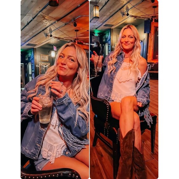 Women's Oversized Fringed Jacket Tassel Jean Jackets Cowgirl Western Denim Blue - Picture 5 of 9